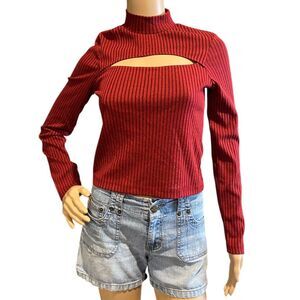 ASOS Design Ribbed Long Sleeve Top with Peek-A-Boo Chest Cutout Burgundy Sz 6